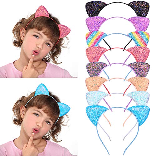 QtGirl Glitter Cat Ear Headbands for Girls, 8 Pcs Sequin Headband Cat Ears Hair Hoops Shiny Hairband for Women Girls Brithday Party Favor