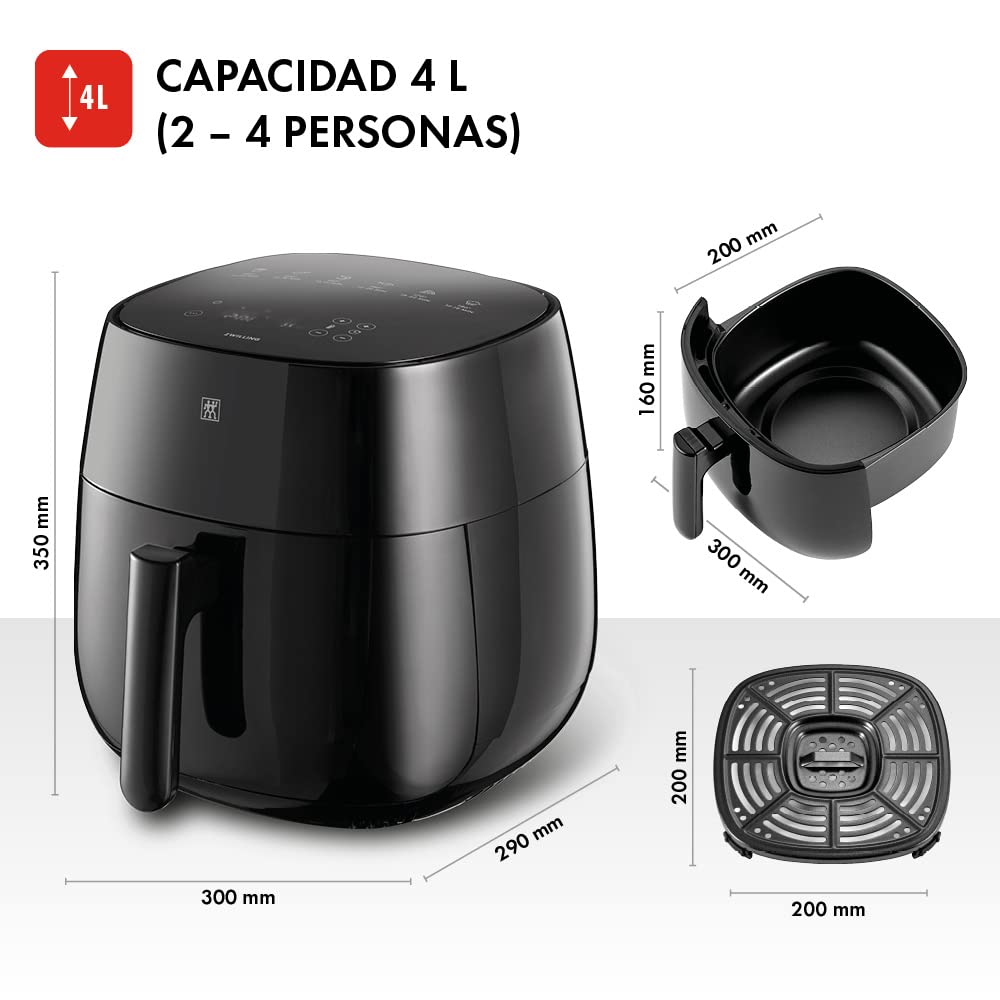 ZWILLING Air Fryer - Freidora de aire caliente, 4 L, 6 programas, 1400 W, freír, cocinar y hornear sin grasa, incluye libro de recetas, color negro