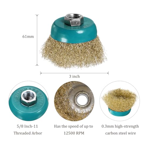 Image of Wire Cup Brush for Grinder - [3 Inch] Coarse Crimped for Paint Stripping Cleaning Rust Light Duty Conditioning, 5 /8 Inch-11 Threaded Arbor, Cyan