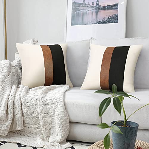 Merrycolor Faux Leather And Linen Throw Pillow Covers Black And White Pillows Decorative Throw Pillows Covers Brown Square Modern Farmhouse Accent Pillow Case 18 X 18 Inch (Black And White) #TOP1