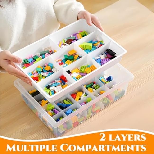 Toys Organizer Bin, Double Layer Block Storage Container with Building Baseplate Lid Removable Tray, Stackable 30 Compartment Clear Crafts Box for Bead Puzzles Sewing