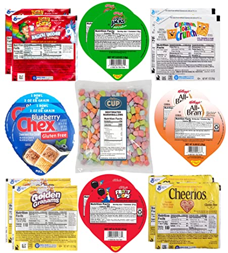 Kellogg s & General Mills Cereal Bowl Variety - Cinnamon Toast, Apple Jacks, Golden Grahams, Lucky Charms + 1 Bag of Cereal Marshmallows