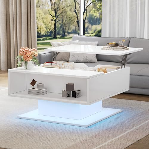 Yihomfy Table Basse Salon Relevable 80x75 cm, Plateau Relevable avec LED et Rangement, Table de Salon Moderne avec Support Hydraulique Blanc