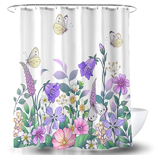 BECAN Spring Shower Curtain, Purple Pink Flower Butterfly Spring Floral ...