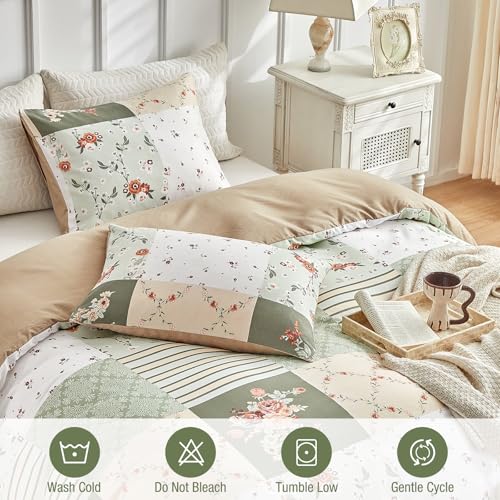 Image of Lekesky King Size Duvet Cover Set, Patchwork Floral 3 Pieces Reversible Green Duvet Cover Set, Ultra-Soft Microfiber 3 Pieces Comforter Cover with Zipper and Corner Ties, Includes 2 Pillowcases