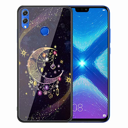 Urhause Tempered Glass Cover Compatible with Huawei Honor 8X Case Glossy Mirror Case Ultra Thin Starry Sky Sparkle Hard Cover Moon Tempered Glass + Soft Silicone Skin Cover Bumper Anti-Scratch Cover