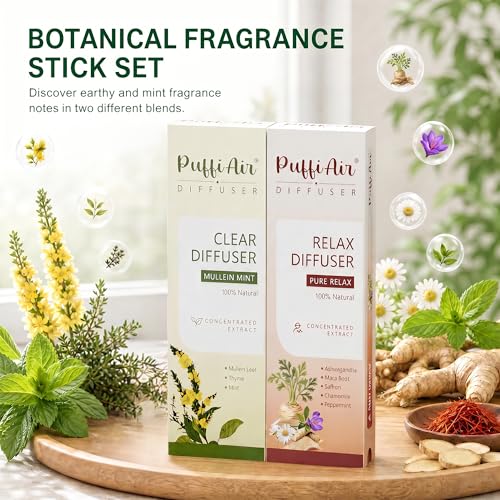 Image of PUFFIAIR Botanical Fragrance Stick Set - Mullein & Chamomile, Non-Electronic Passive Scent Accessories, Natural Botanical Scent Duo