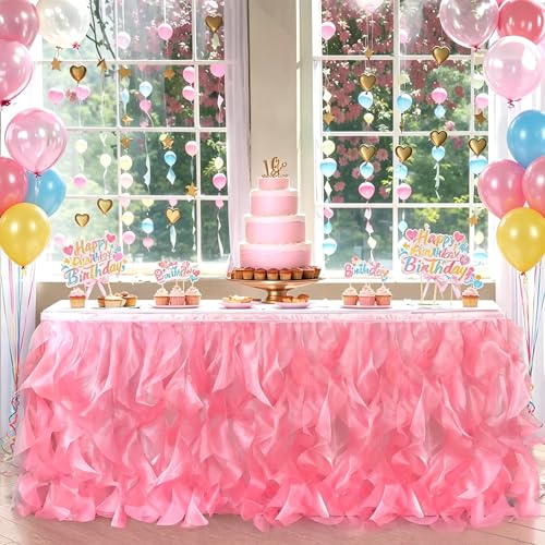 Image of Luxury Organza Mesh Table Skirt Draping Floating Romance - Perfect for Bridal Showers, Birthday Weddings - Clear Flowing Decoration for a Wonderful Main Cake Table (Watermelon Red-6ft, 72 inchLx30 inchH)