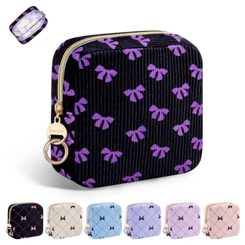 Image of Period Bag for Girls, Corduroy Sanitary Napkin Storage Bag, P Bow | Cute Menstrual Pad Pouches Tampon Holder for Purse, Store Sanitary Pads, Tampons, Menstrual Cup, Hair Ties, Perfect Gifts