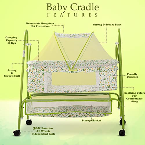 Image of BAYBEE Clora Baby Cradle and Swing with Mosquito Net | Jhula Palna for Newborns | 360 Rotating Lockable Wheels & Storage Basket | Green