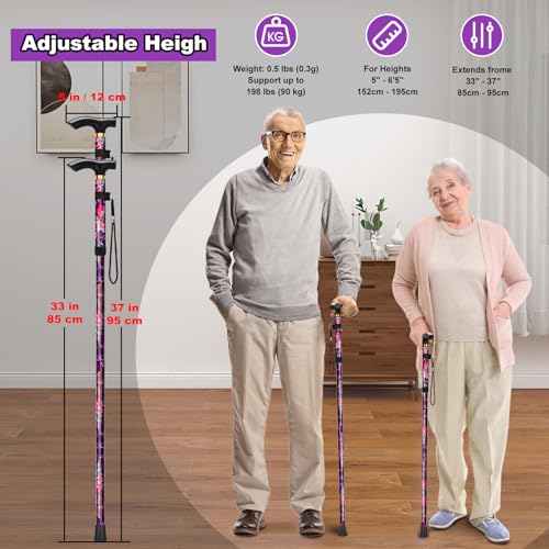 Image of MFE Folding Cane, Portable 5-Level Adjustable Height Walking Stick with Foldable Design, Wrist Strap, and T Handle for Men and Women, Purple Floral