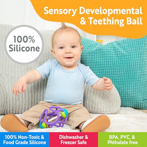 Image of OgoBolli Teether Ring Tactile Sensory Ball and Baby Rattle Toy for Babies & Toddlers - Stretchy, Squishy, Soft, Non-Toxic Silicone - Boys and Girls Age 6+ Months - Purple