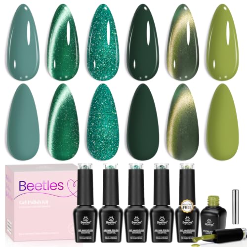Beetles Green Gel Polish Set, 6 Colors Olive Sage Glitter Cat Eye Green Gel