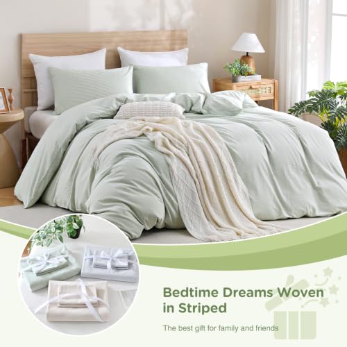 Image of TOCOMOA Sage Green Striped Duvet Cover Bedding Set 100% Washed Cotton Like Linen Feel Super Soft Comfy 3 Piece Pinstriped Comforter Cover Set (Queen 90 inchx90 inch, Comforter Not Included)