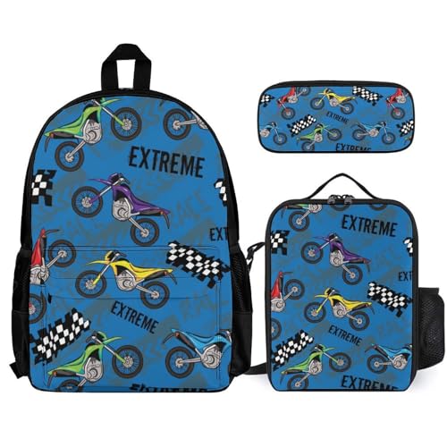 Dirt-Bike Motocross Backpack with Lunch Box Pencil Case 3pcs Backpack Set for Work Men Women