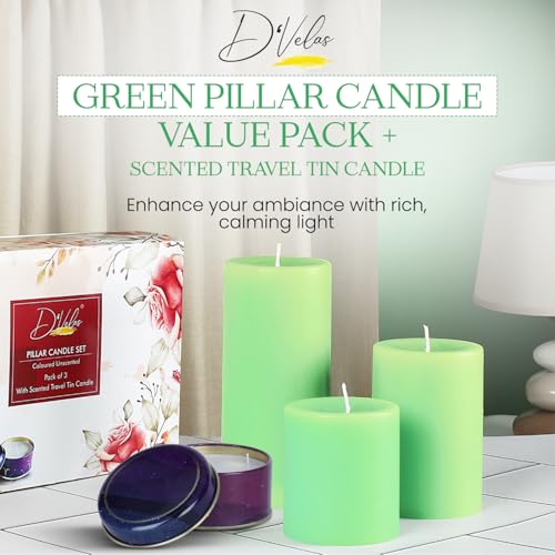 Image of D'Velas Pack of 3 Unscented Green Pillar Candles | Burn Time 50 /65 /80 Hours | Bonus 3oz Scented Travel Tin | Long-Lasting Paraffin Wax Candles for Home Decor, Festive Use & Events
