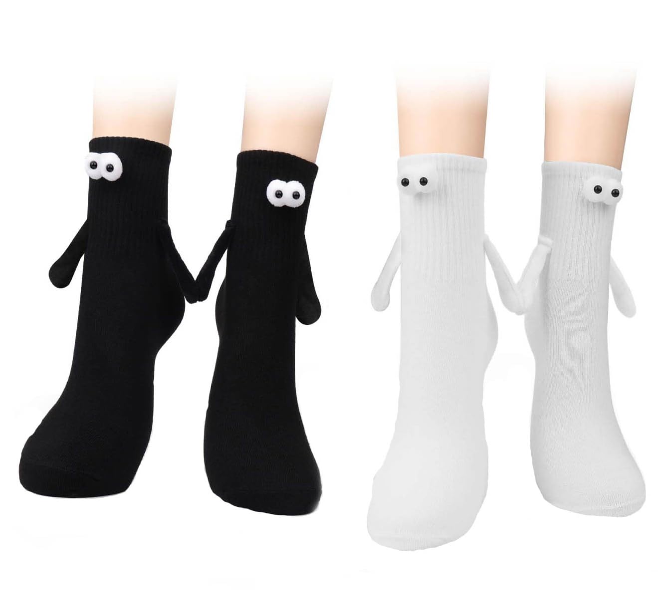 Zwenjuan Funny Magnetic Socks,2 Pairs Couple Hand-in-Hand Friendship Socks with Big Eyes for Women Men Holding Hands Hold Novelty Socks(Black,White)