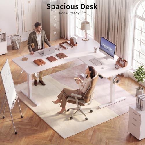 Image of WALKINGDESK 63x55 Inches Reversible L Shaped Standing Desk, Height Adjustable With Cup Holder, Electric Corner Computer Workstation, Sit Stand up Home Office, Standing Desk with Cable Management White