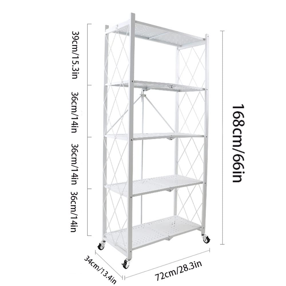 Scaffale pieghevole in metallo resistente a 3 5 ripiani con ruote, capacità di 210 kg, per garage, cucina, soggiorno e bagno, soluzione salvaspazio bianca
