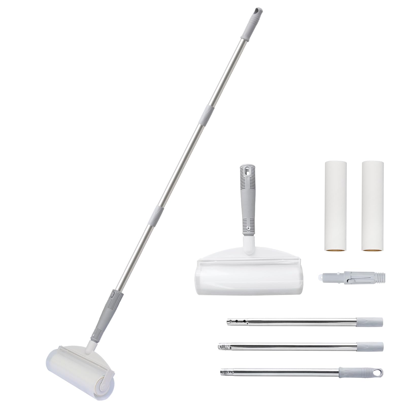 DrDirt 2-in-1 Long Floor Lint Roller - 7.4-Inch Sticky Rollers with 50 Sheets/Roll, Long Handle for Cleaning Carpets, Cars, Clothes, and Pet Hair