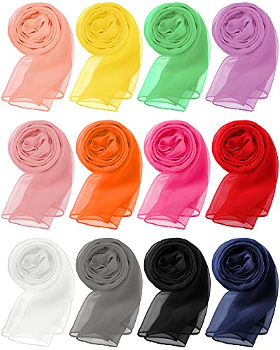 Chuarry 12 Pieces Women Solid Color Chiffon Scarf Soft Breathable Silk Lightweight Accent Scarfs
