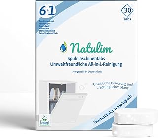 Natulim 6in1 Öko Spülmaschinentabs Geschirrspültabs ohne Plastik mit starker Reinigungskraft, Spültabs mit Entkalkung, Glanz & Glasschutz, Extra-Trockeneffekt & Spülmaschinensalz Funktion (30 Stück)