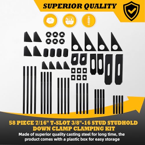 Image of 58 Pcs 7 /16 inch T-Slot 3 /8 inch-16 Stud Hold Down Clamp Clamping Kit | Compatible with milling machine CNC