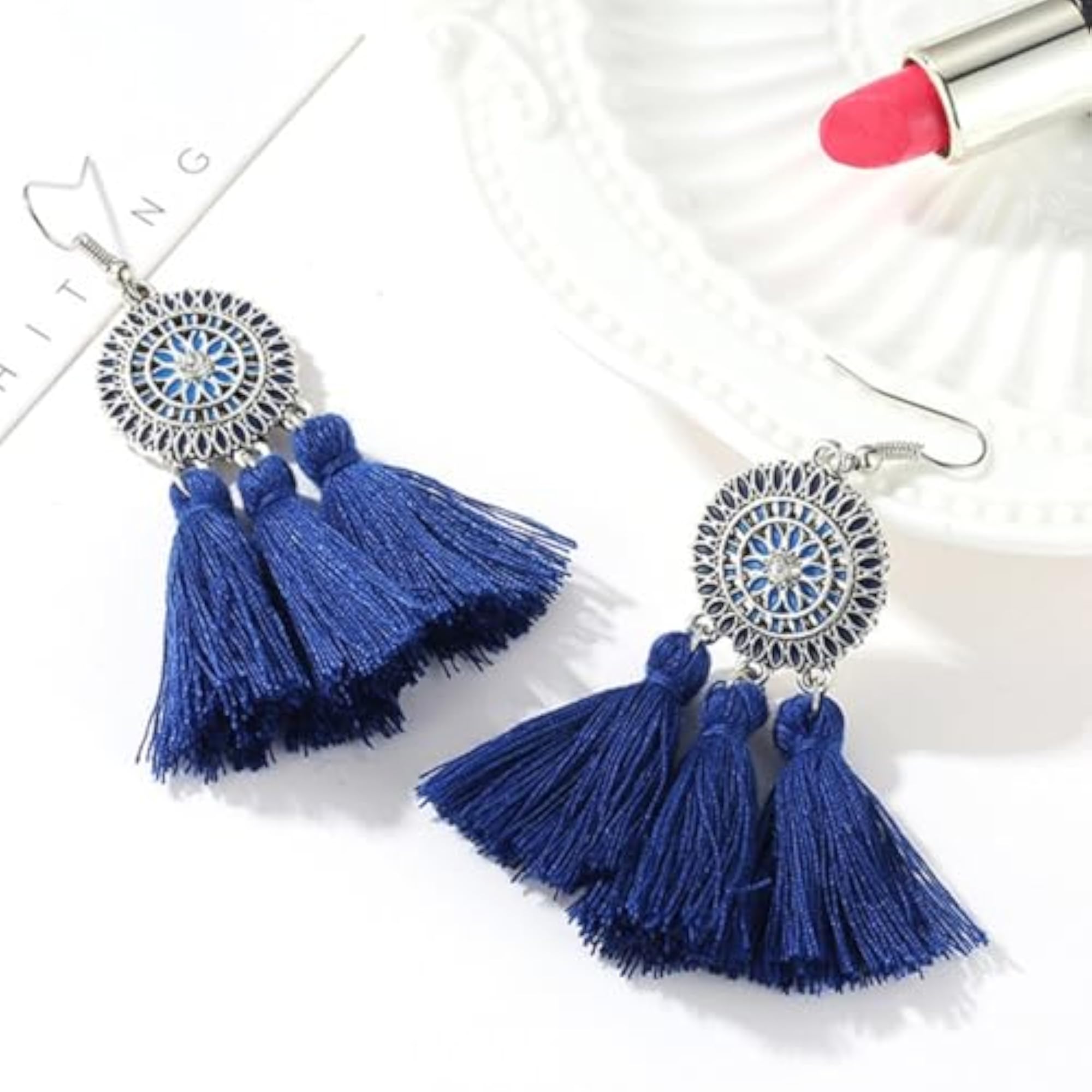 Bohemian Dangle Earrings Set, Navy Blue Tassel and Feather Design