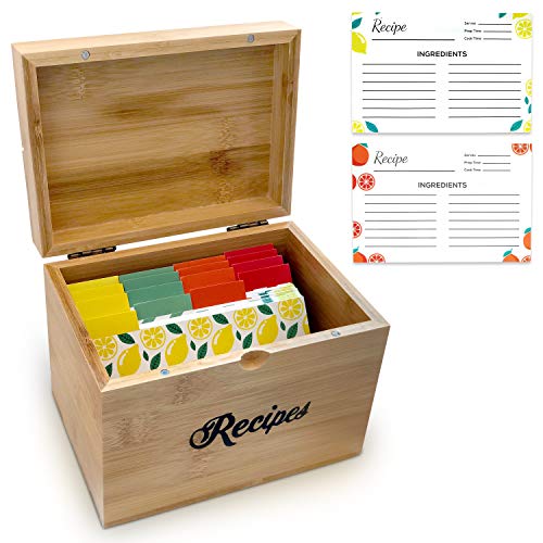 Premier Chef Bamboo Recipe Box with 100 Recipe Cards 4 x 6 Inches 20 Dividers and Measurement Conversion Card Cooking Gift for Mothers Grandma Weddings