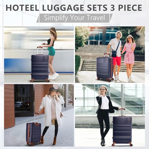 Hoteel Luggage Sets 3 Piece (4-YEARS WARRANTY), ABS+PC Suitcases with Wheels and Side Hook, Hardshell 20/24/28 inch Luggage set for Family Trip, Dark Blue2