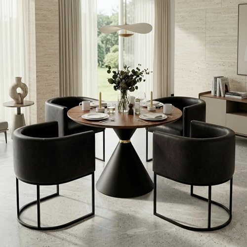 Image of HNY Mid Century Modern Upholstered Barrel Black Dining Chairs with Arms Set of 4, Leather Kitchen & Dining Room Chairs, 18.5 inch Wide Accent Chairs for Dining Room Living Room with Black Metal Frame
