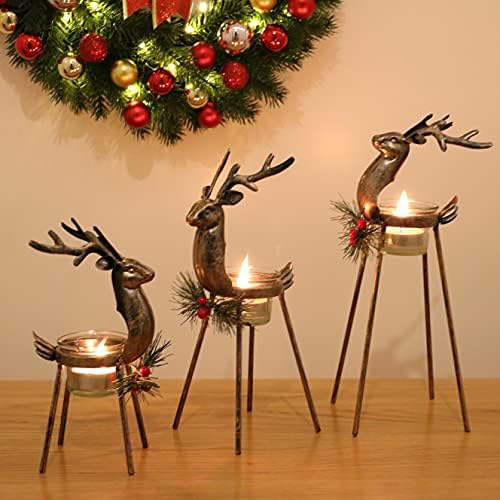 Aesto 3 Pack Metal Reindeer Tea Light Candle Holders, Christmas Deer Votive Candle Holder Set for Table, Christmas Decorations