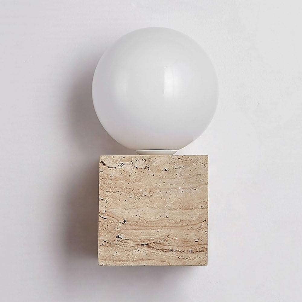 Japanese Style Wabi Sabi Interior Stone Sconce Natural Yellow Travertine Wall Sconce G9 Household Wall Light Round Glass Wall Lamp Vanity Wall Light Fixture for Kitchen Bedroom Living Room