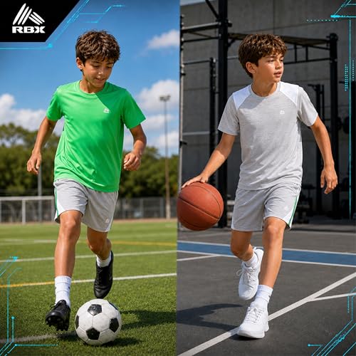 Image of RBX Boys Short Sets - 3 Piece Active Performance Short Sleeve Athletic Shirts and Gym Shorts With Elastic Waistband (4-12)