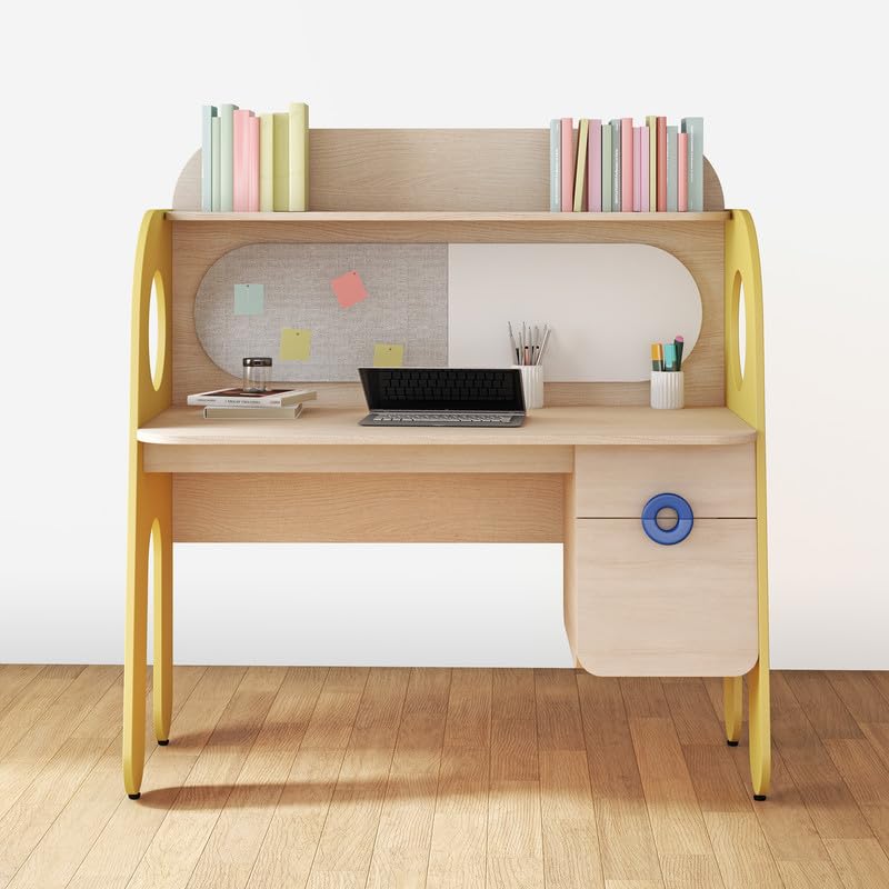 Image of Smartsters Study Table - Spacious Desk with Pin-Up Board, Extra Shelves, Drawer with Kid-Friendly Knob, and White Board Panel. Popstar (Chair Not Included)