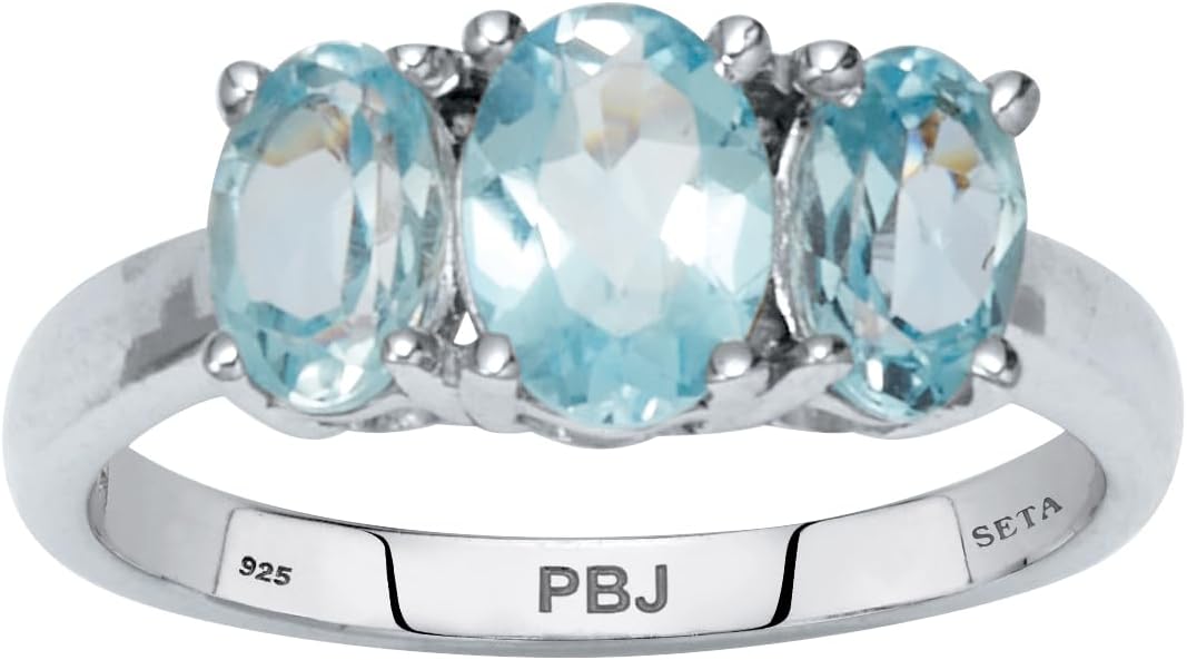 PalmBeach Sterling Silver Oval Cut Genuine Blue Topaz 3-Stone Ring Sizes 6-10
