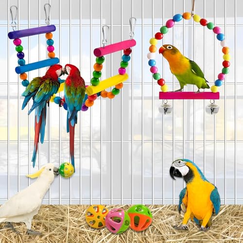 Image of Bird Toys Parakeets Cage Accessories: 8Pcs Parrot Toy Swing Ladder Natural - Small Birds Supplies for Cockatiel Conure Lovebird Budgie Canary Finches Quaker