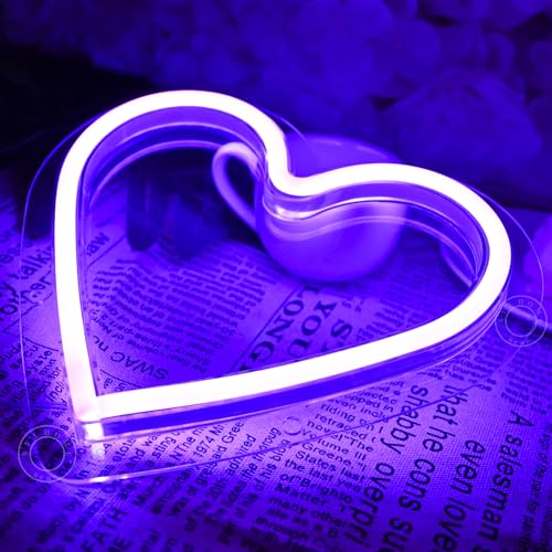 Image of SYLHOME Purple Heart Led Neon Light Sign Battery Operated or USB Powered Bedroom Wedding Wall Sign Decor Valentines Day Christmas Birthday Gifts USB 7.87 inch X 7.28 inch