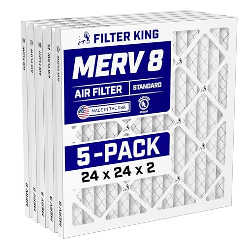 Filter King 24x24x2 Air Filter (MERV 8) (5-Pack) Dust & Allergy Control AC Furnace Filters MADE IN USA HVAC Pleated Electrostatic (Actual Size: 23.75 x 23.75 x 1.75)