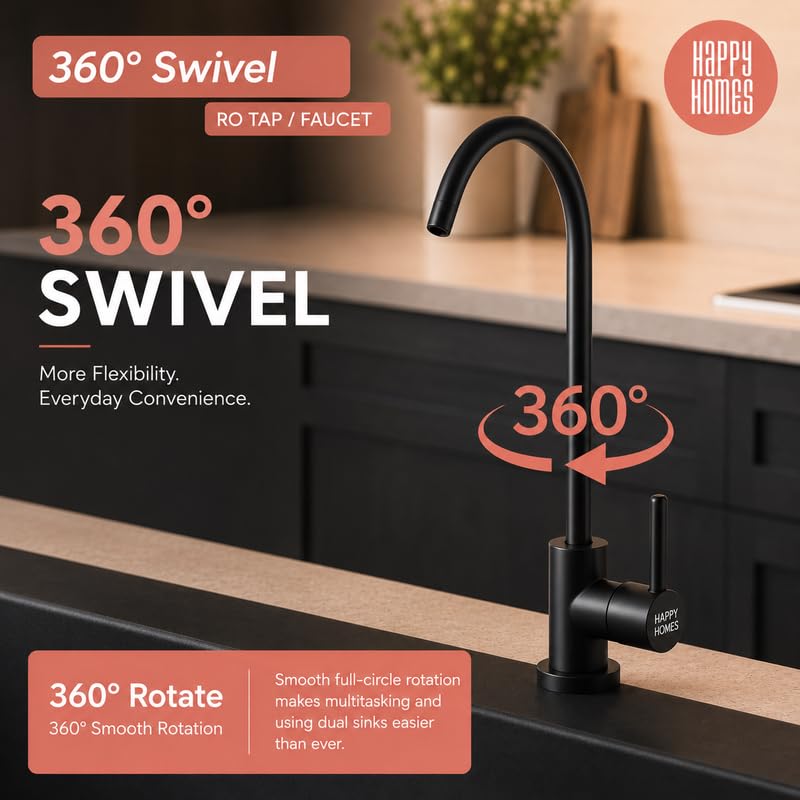 Image of Happy Homes Stainless Steel Faucet Tap - Ideal for Undersink RO Water Purifiers & Kitchen Sinks - Durable Drinking Water Filter Tap (Black Matt)