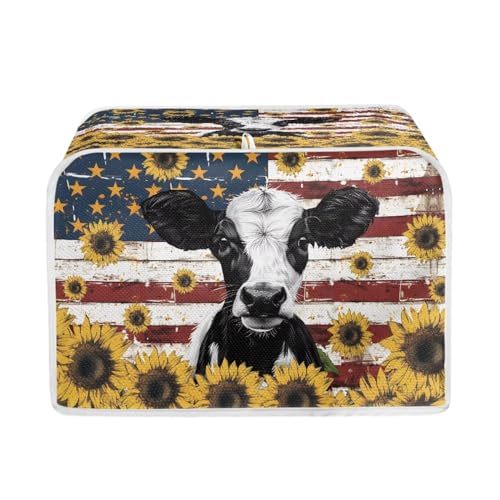 Image of Talayituse Cow Sunflower American Flag Print 2 Slice Toaster Covers Dust Protection Bread Maker Covers Toaster Oven Cloth Cover Kitchen Accessories Washable Appliance Cover, S