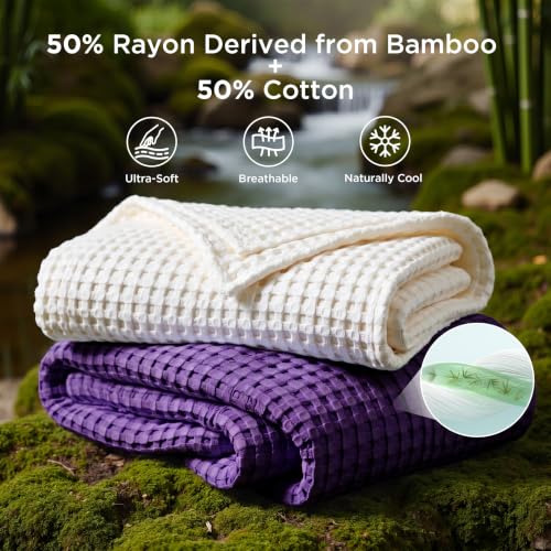 Image of Bedsure Cooling Cotton Waffle Weave Throw Blanket - Lightweight Breathable Blanket of Rayon Derived from Bamboo for Hot Sleepers, Luxury Throws for Bed, Couch and Sofa, Purple, 50x70 Inches