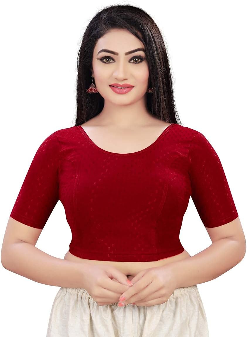 Sidhidata Round Neck Dobby Cotton Lycra Stretchable Elbow Sleeve Readymade Saree Blouse for Women Stylish (Free Size)