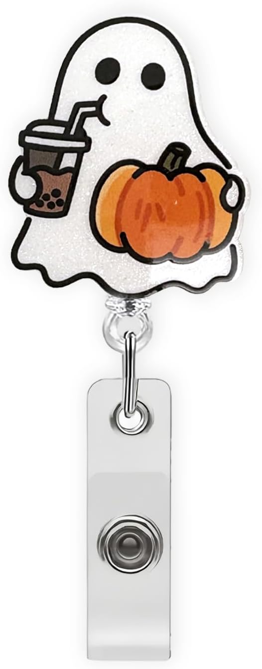 Funny Halloween Badge Reel Retractable — Handheld Drinking Milk Tea Ghost Badge Reels, ID Name Acrylic Alligator Holder Clip Name Tag Badge Clip for Nurse, Nursing Student, Teache and Office Worker (Style36)