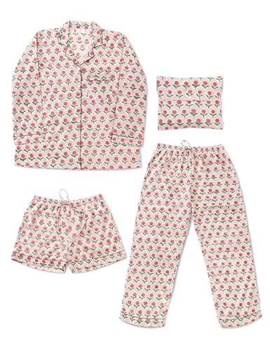 Image of Huar Women Pajama Set, 4 pcs Button Down Vacation Beach Cotton Set, Lounge wear PJ Set For Birthday