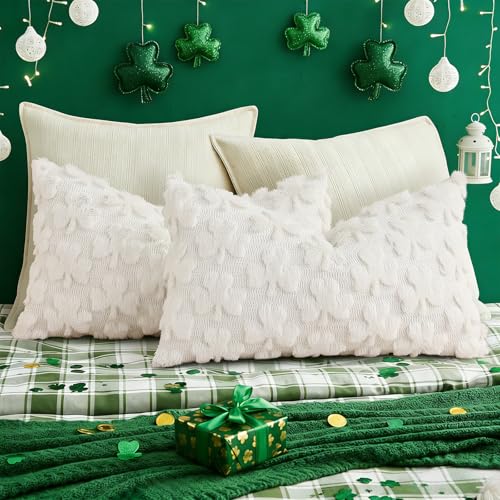 Image of decorUhome St. Patrick's Day Shamrock Pillow Covers 12x20 Inch Set of 2, Soft Plush Faux Wool Cream White Throw Pillow Covers, Farmhouse Spring Holiday Decor for Sofa Living Room