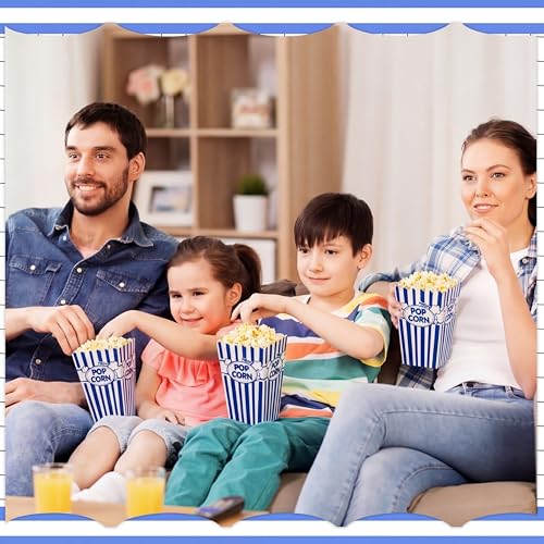 Image of Xinnun 100 Pcs Popcorn Boxes 32oz Classic Stripe Paper Buckets Disposable Oil Proof Popcorn Container Retro Open Top Box for Movie Night Supplies Theaters Carnival Birthday (Dark Blue)