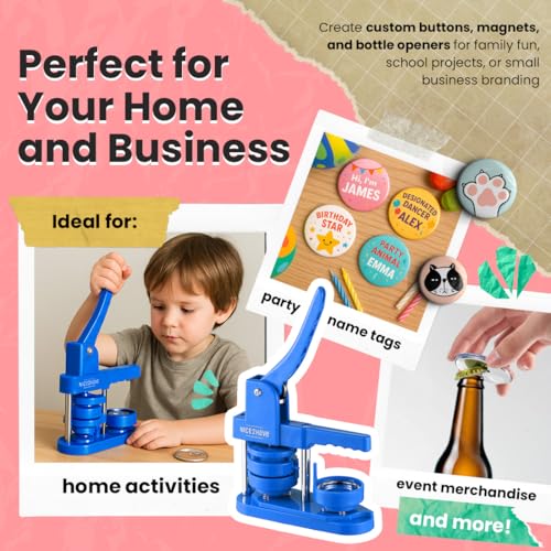 Button Maker Machine – 2.25 Inch (58mm) – Single Mold, Pin Maker Machine Kit with 100 Buttons, 5 Fridge Magnets, 5 Bottle Openers, Cutters, and 500+ Button Designs for DIY Crafts, Blue