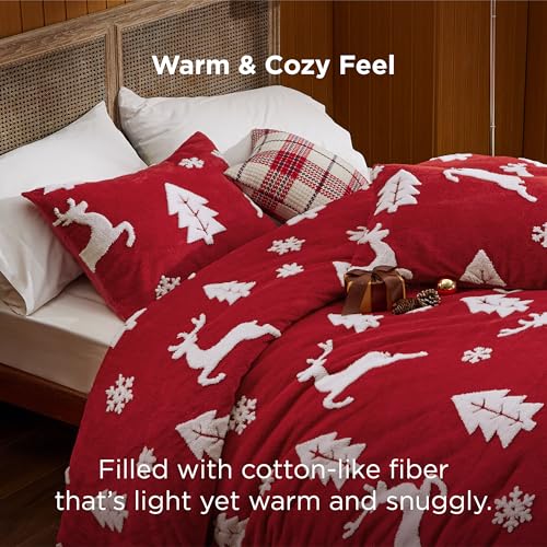 Image of Bedsure Fluffy Christmas Comforter Set King - Red Bedding with Running Reindeer, Warm Flannel Fleece Bed Sets for Winter, 3 Pieces, 1 Soft Plush Shaggy Comforter with 2 Pillowcases | Bed in a Bag, Comforters, Bedroom, Flannel Fleece Bedding with Running Reindeer Pattern, Soft Plush Shaggy Set, Easy Care