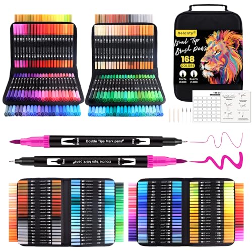 Gelanty Feutres Coloriage, 168 Stylos Adulte Dual Tip Brush Lot de Marqueurs d'art Calligraphie Lettrage Feutre pour Coloriage Adulte, Croquis, Peinture, Création Artistique